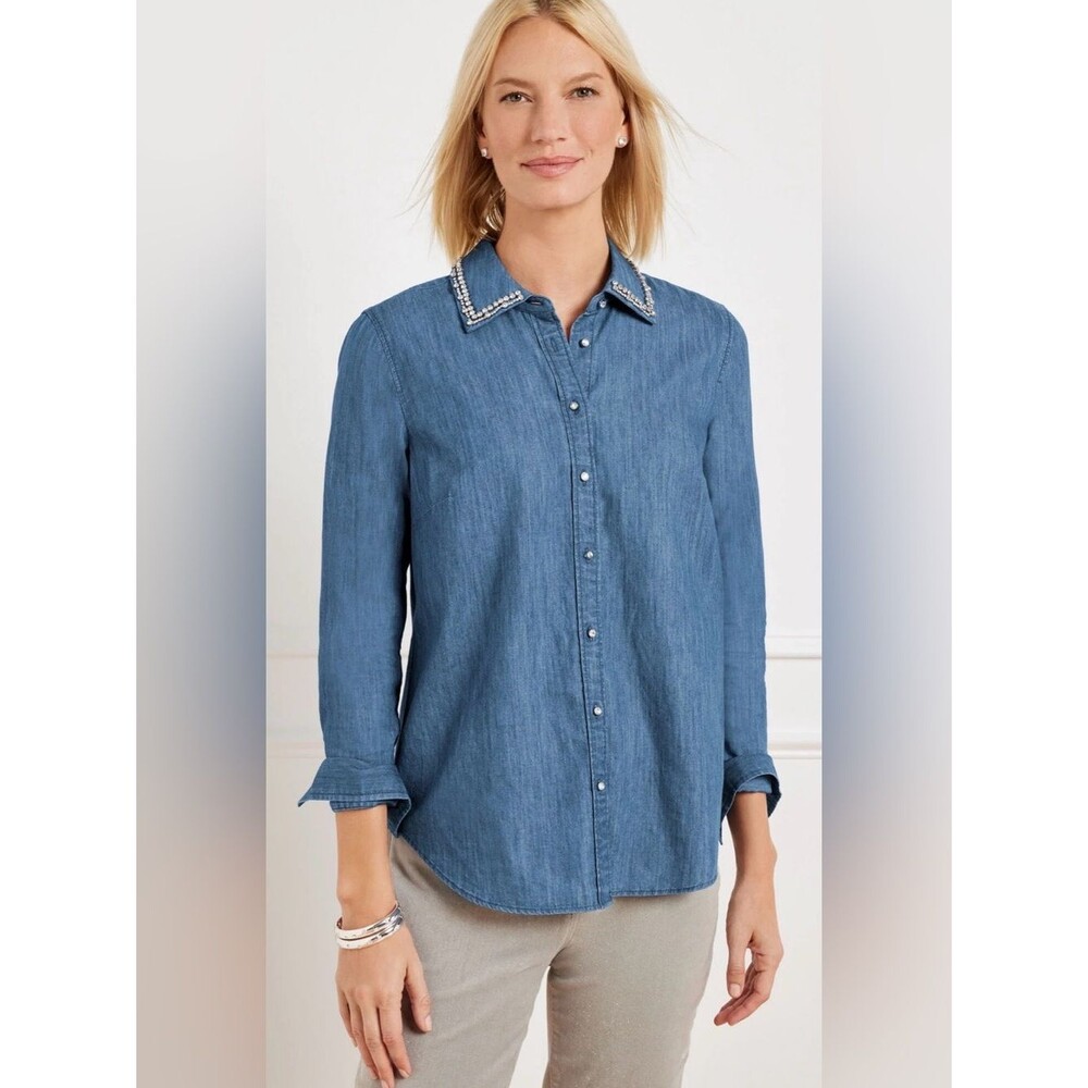 Talbots Embellished Collar Denim Button Front Shirt Size 1XP